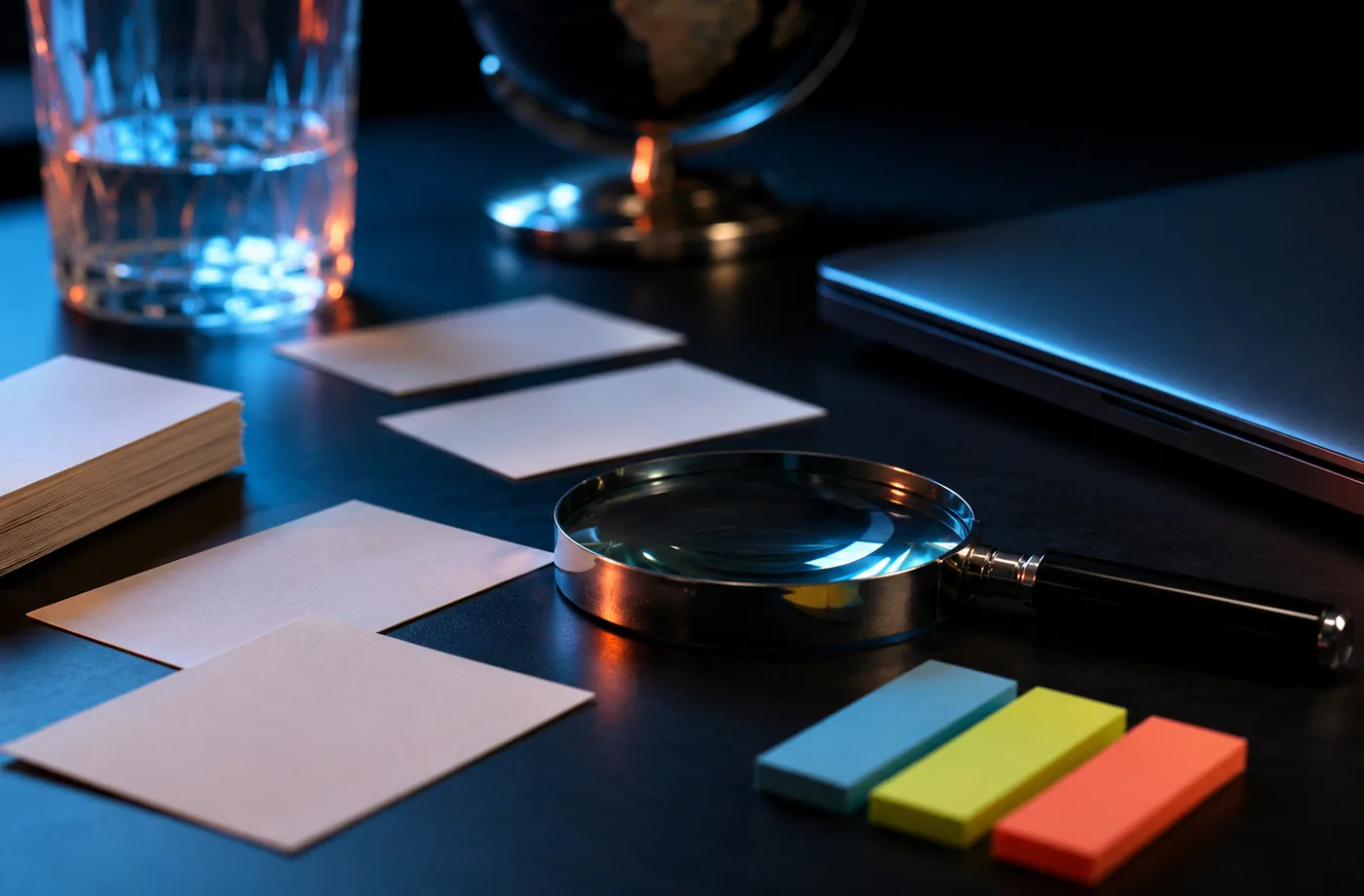 Magnifying glass over blank naming cards and color tabs